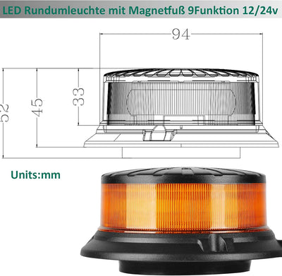 AGRISHOP 12V/24V LED LKW Rundumleuchte Blitzleuchte Magnetfuss,36LED 9Modus Amber Blinkleuchte led O