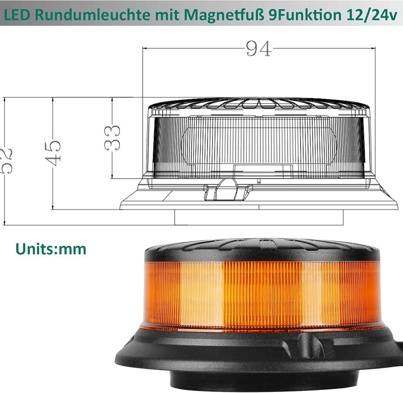 AGRISHOP 12V/24V LED LKW Rundumleuchte Blitzleuchte Magnetfuss,36LED 9Modus Amber Blinkleuchte led O
