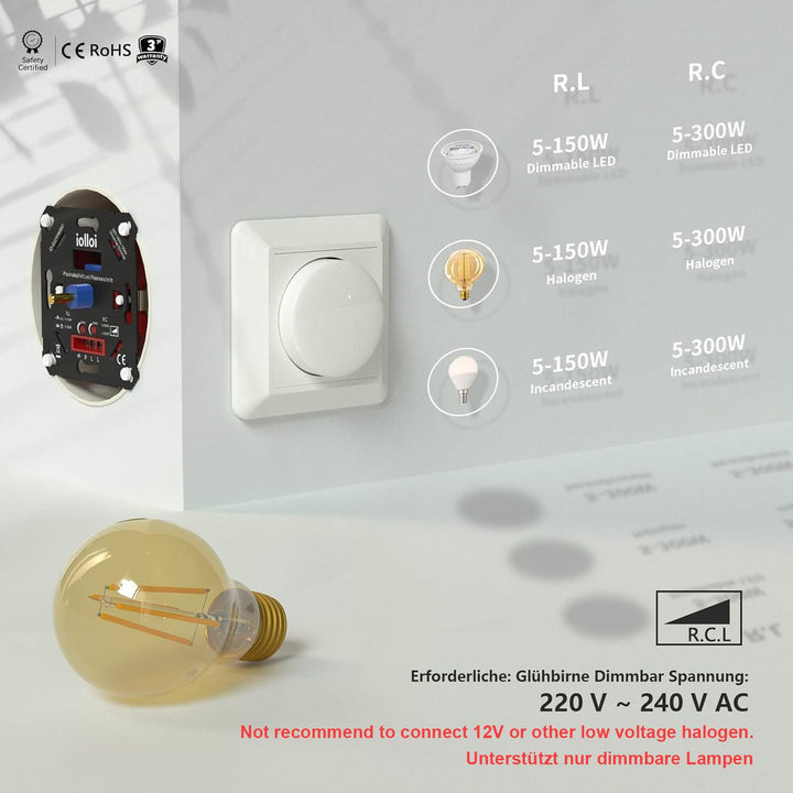 iolloi Dimmer, LED Dimmerschalter, Dimmer für LED Lampen, LED Dimmer, Universal 5–300 W Unterputzdos