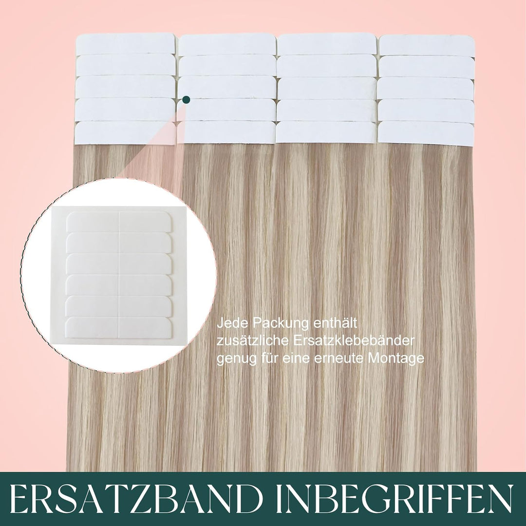 Easyouth Extensions Tape Balayage 20zoll Extensions Tape on Echthaar Aschblondes Highlight mit Hellb