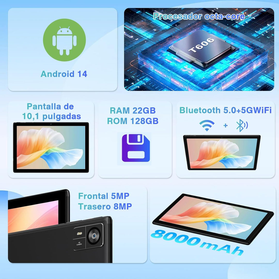 Neueste 2024 Tablet 10 Zoll Android 14 mit 22GB RAM+128GB ROM 1TB TF, WiFi 6, Bluetooth 5.0, 6000mAh