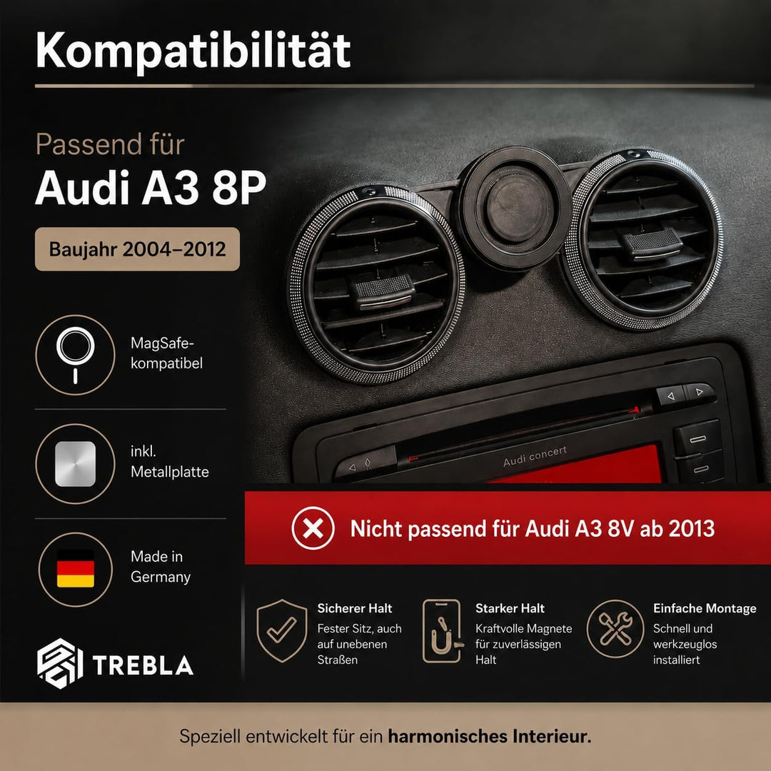 Generisch Handyhalterung kompatibel mit Audi A3 8P (BJ 2004-2013) (MagSafe + Magnet), MagSafe + Magn