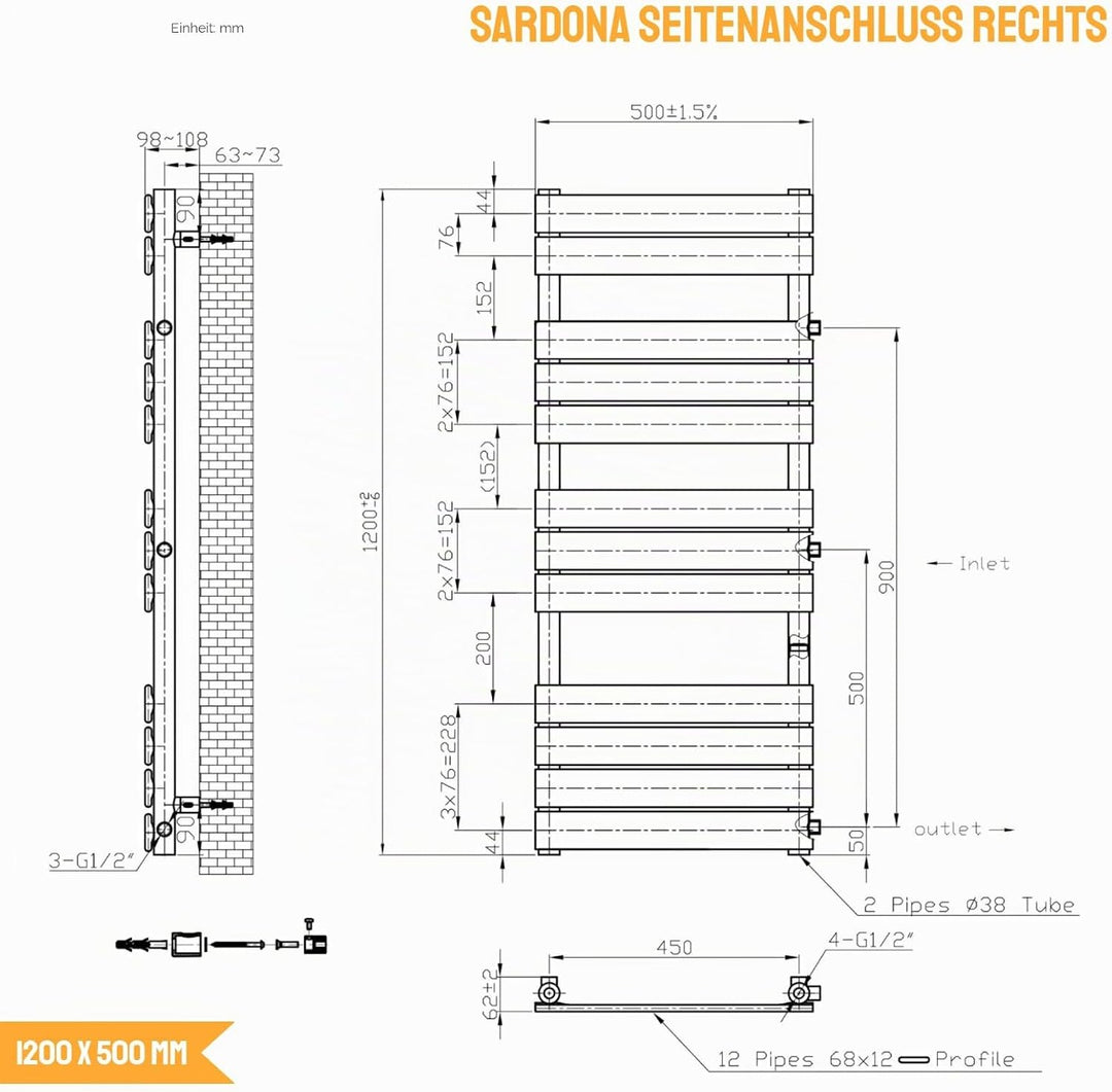 WITEN&NOCK Designheizkörper Badheizkörper 1200x 500 mm Anthrazit Handtuchheizung Handtuchtrockner Se