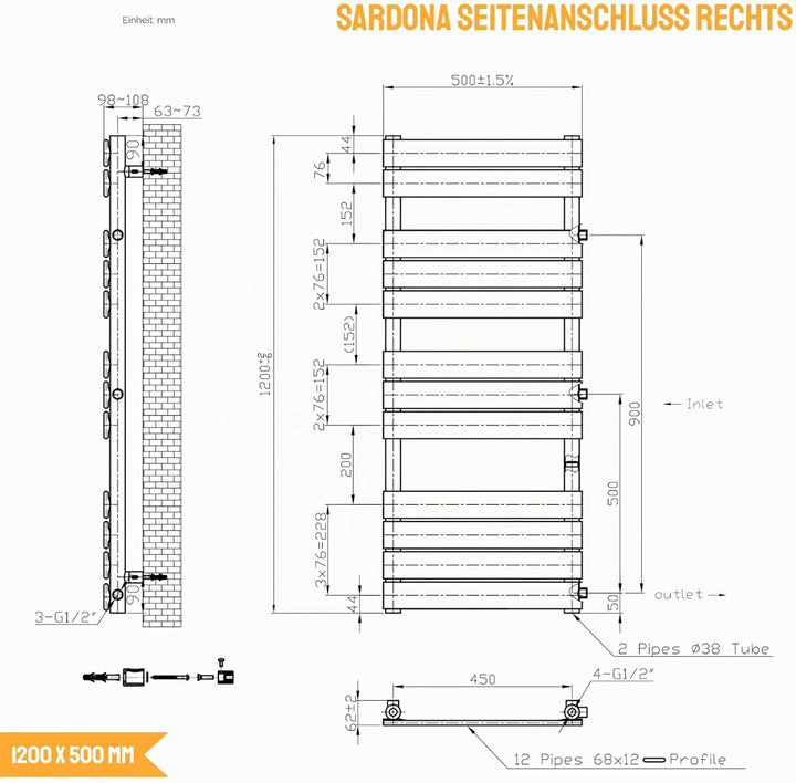 WITEN&NOCK Designheizkörper Badheizkörper 1200x 500 mm Anthrazit Handtuchheizung Handtuchtrockner Se