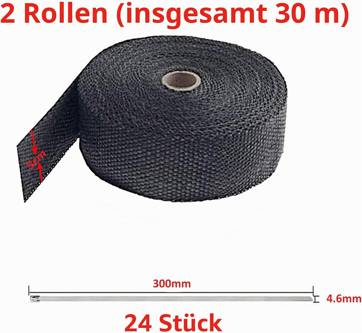 Foneso Hitzeschutzband Schwarz, 30M Hitzeschutzband Auspuff mit 24 Schwarz Edelstahl Kabelbinder, fü