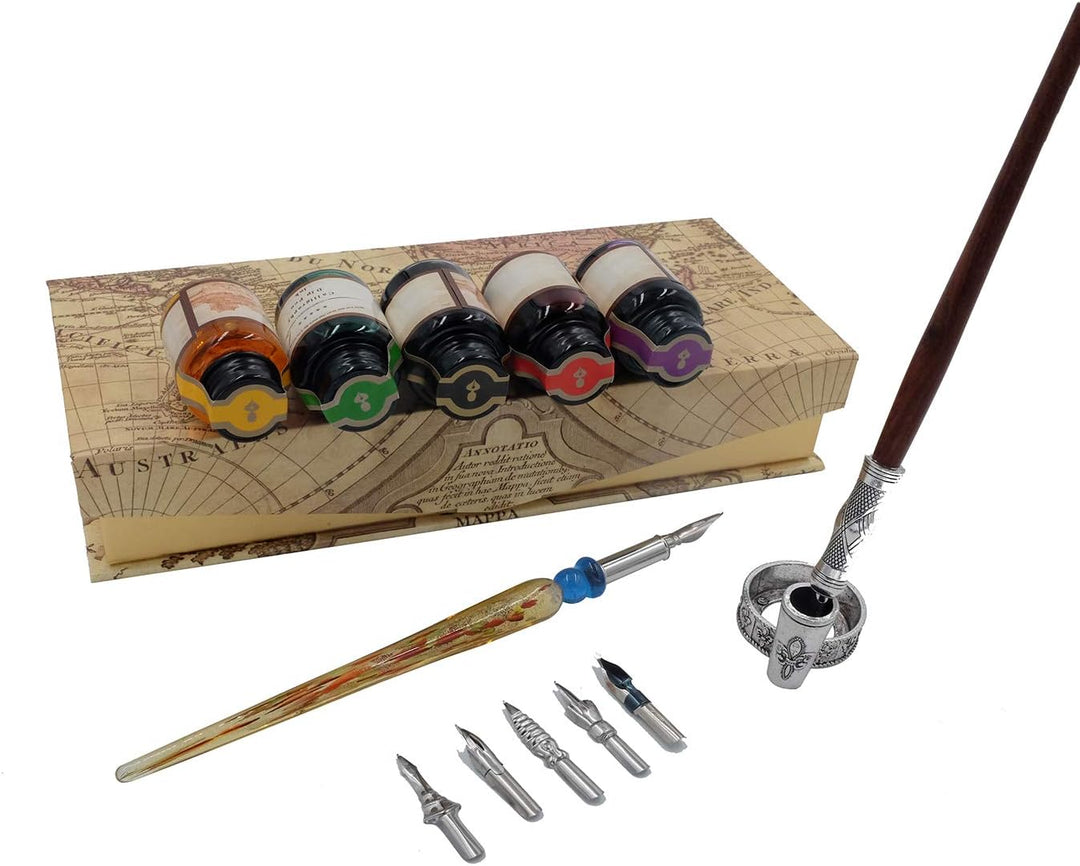 GC QUILL Kalligraphie Stifte Set Schönschreibfüller Holzstift und Glasstift mit 5 extra Federn 5 Far