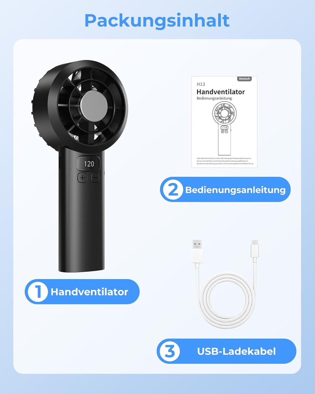 Handventilator - Mini Ventilator 3000mAh Handventilator Akku Aufladbar, 1-120 Stufen einstellbar mit