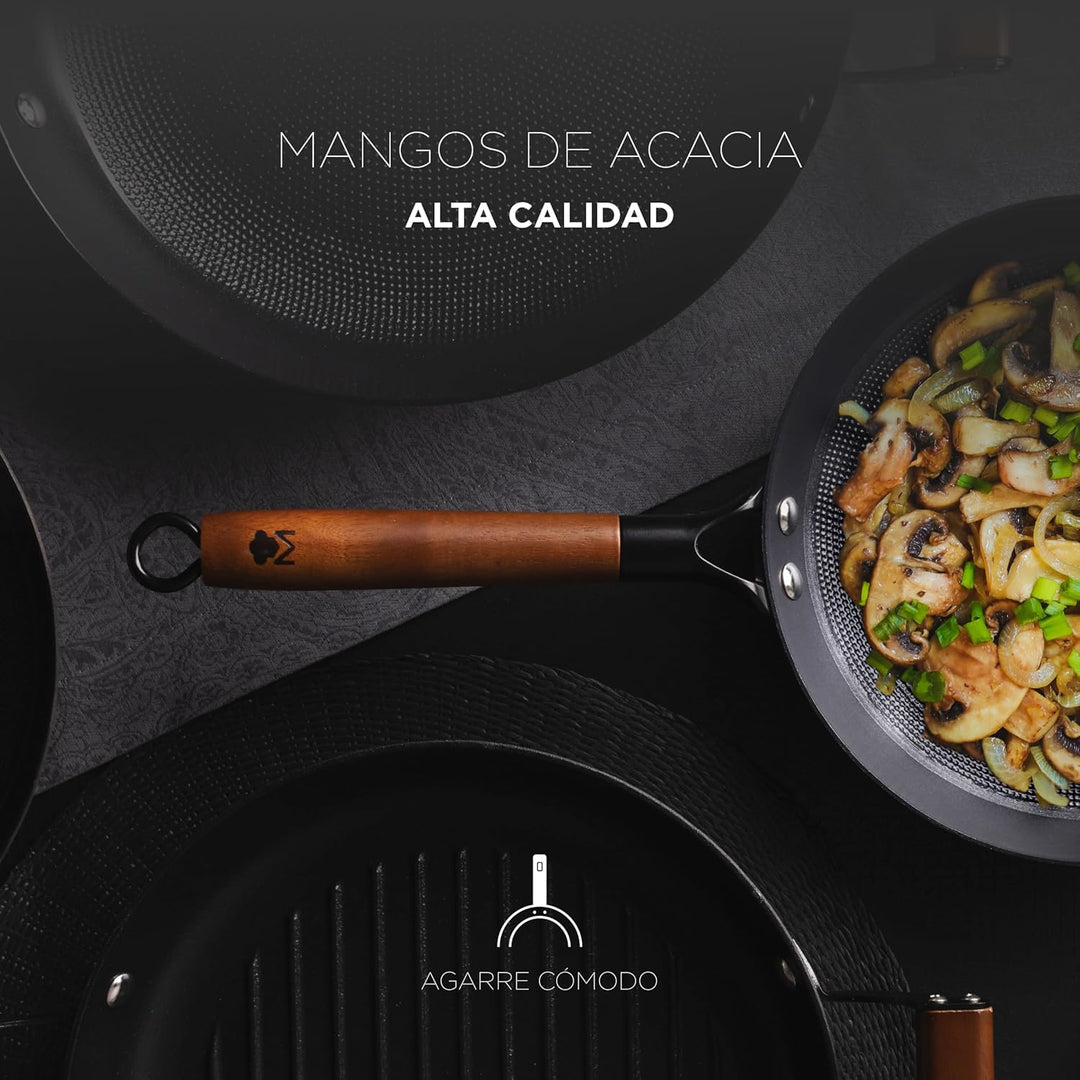 MasterPRO ODIN - Kochset: 24cm & 28cm Bratpfanne-3 Utensilien-Hochwertiges Gusseisen - Antihaftbesch