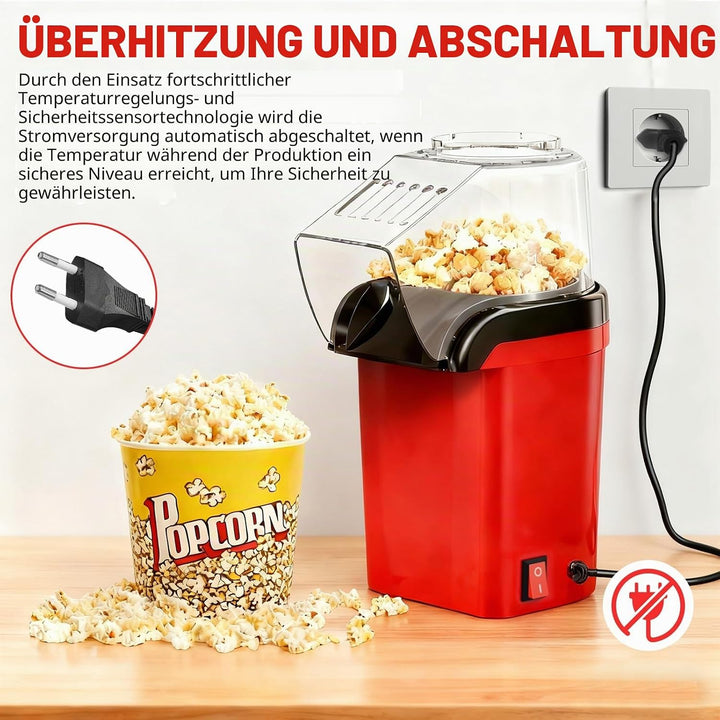 Heissluft Popcornmaschine, 1200W Heissluft Popcorn Maker mit Messlöffel, Transparenten Deckel, Nachf
