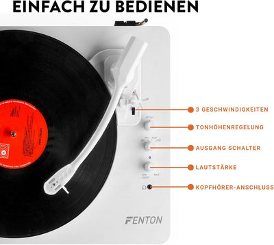 Fenton RP162W Schallplattenspieler Bluetooth Plattenspieler mit Lautsprecher, Pitch Control, MP3, RC