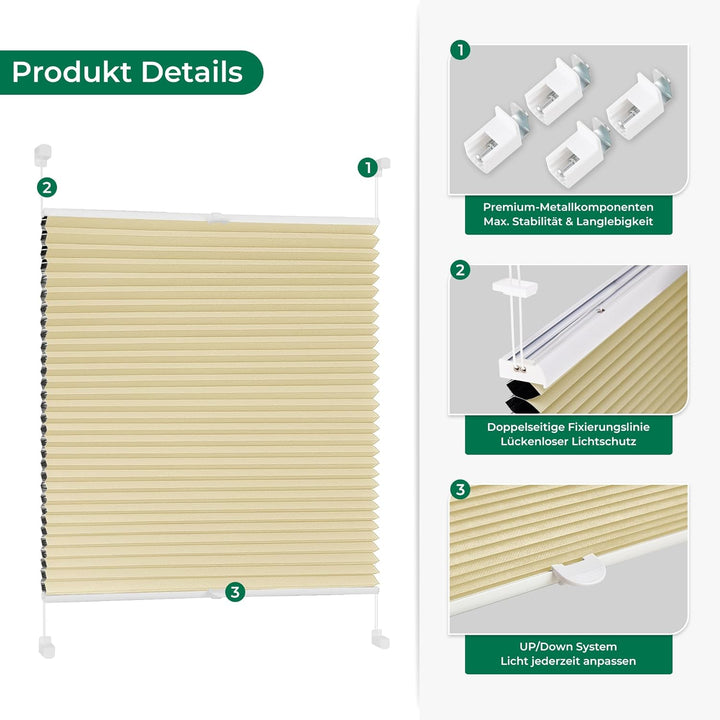 Allesin Wabenplissee ohne Bohren Klemmfix Thermo Verdunklungsplissee 45x110cm(BxH) Beige | 100% Verd
