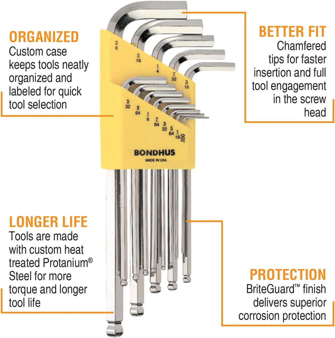 Bondhus 16937 BLX13B Briteguard Ballwrench Set 0.050"-3/8", Yellow, WS: .050-3/8&quot BriteGuard WS: