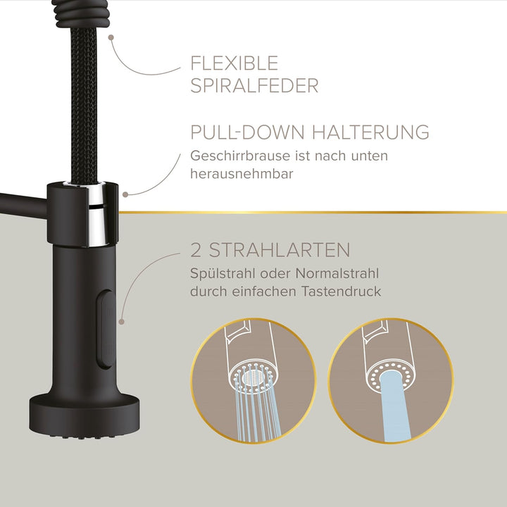 Lenz Niederdruck Küchenarmatur NOVA in Schwarz-matt – Mit Geschirrbrause und schwenkbarer Halterung