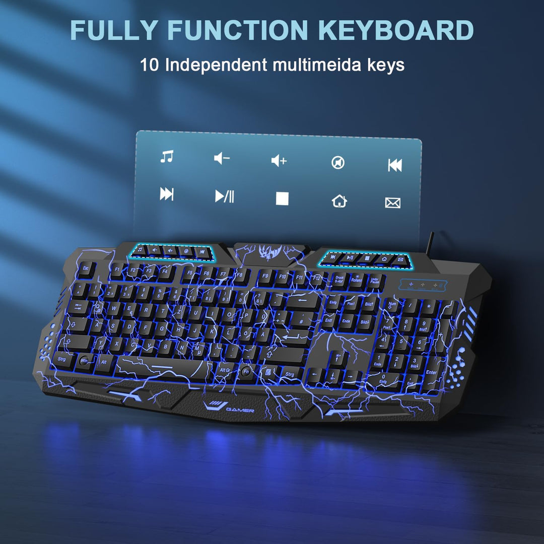 Gaming Tastatur und Maus Set mit Headset, QWERTZ DE Layout, Crack Beleuchtete Tastatur, 4 Farben LED