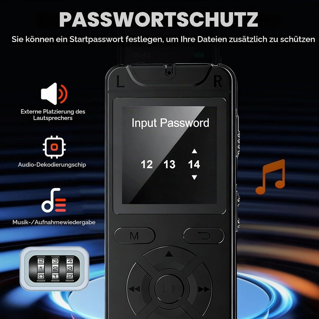 Diktiergerät Aufnahmegerät mit Playback 32GB, 1536Kpbs Stunden Audioaufnahmegerät MP3 Voice Recorder