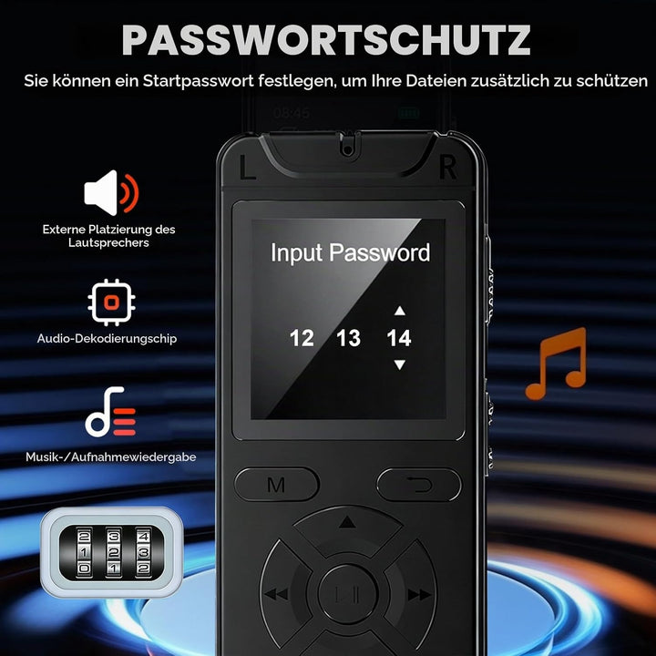 Diktiergerät Aufnahmegerät mit Playback 32GB, 1536Kpbs Stunden Audioaufnahmegerät MP3 Voice Recorder