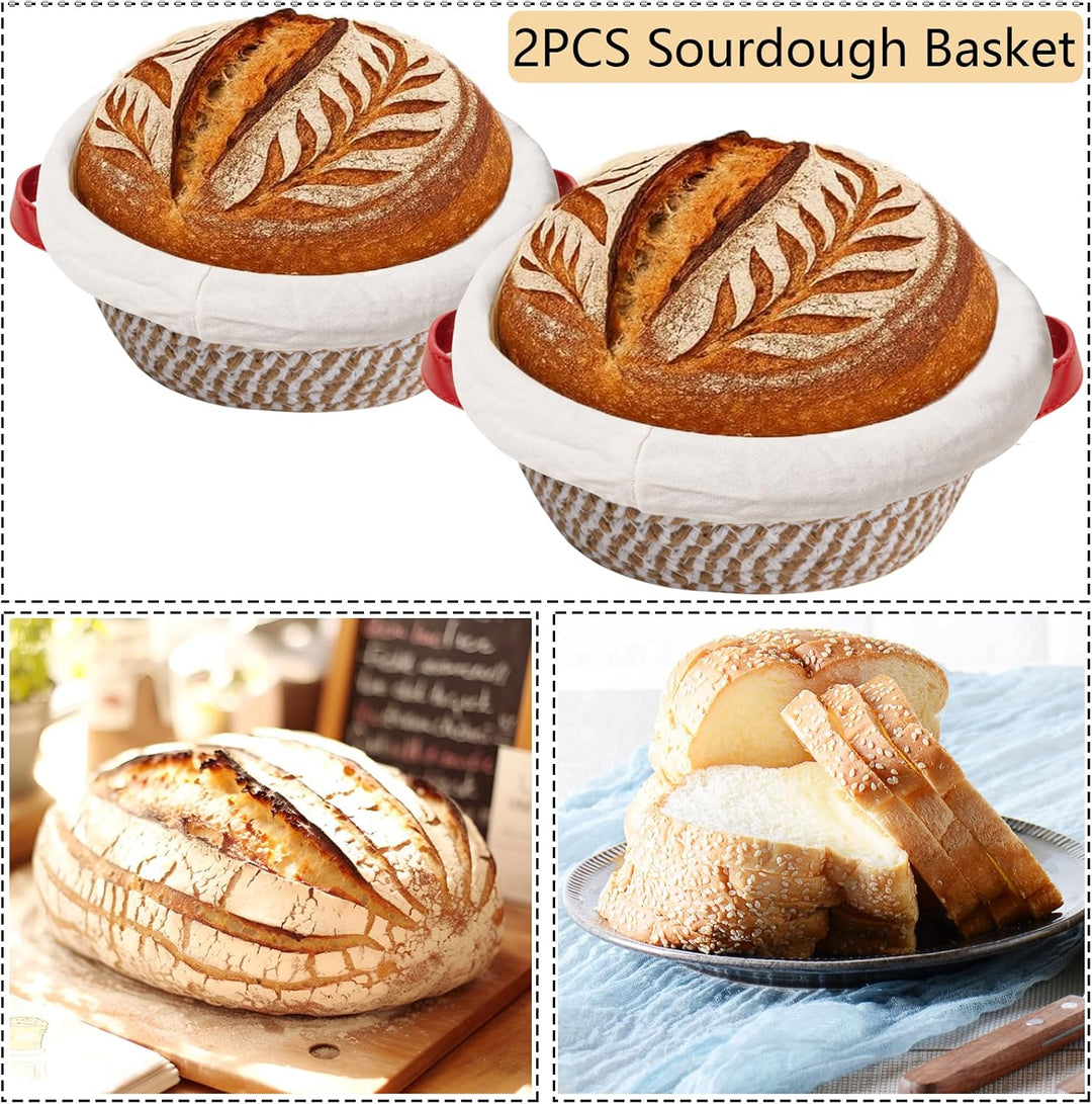 2 Gärkörbchen Rund,Sauerteig Starter Set,Geflochtener Gärkorb aus Baumwolle,Brot Backen Zubehör Mit