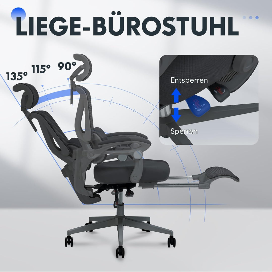FLEXISPOT Ergonomischer Bürostuhl mit Fussstütze, X-förmiger Schreibtischstuhl mit 135°-Neigung, Gek