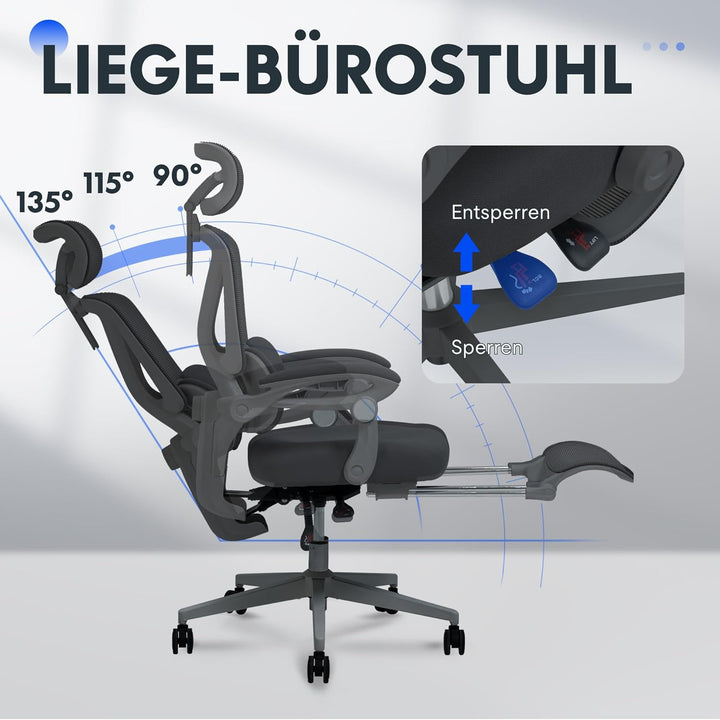 FLEXISPOT Ergonomischer Bürostuhl mit Fussstütze, X-förmiger Schreibtischstuhl mit 135°-Neigung, Gek