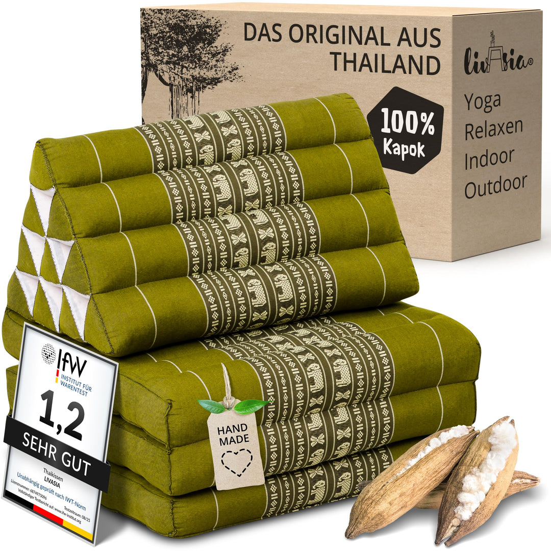 livasia Thaikissen mit 3 Auflagen, Dreieckskissen mit Klappmatratze, Keilkissen Kapok, Rückenkissen