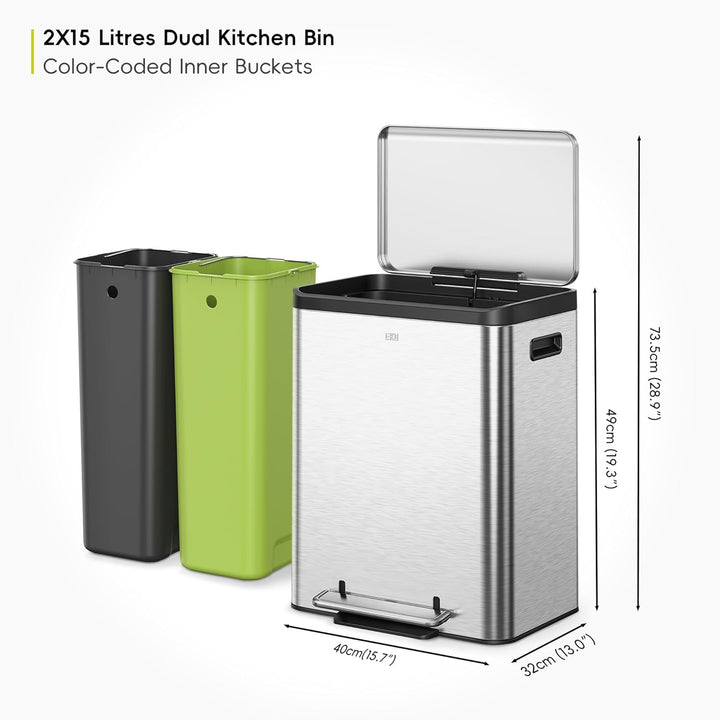 EKO Ecocasa Mülltrennsystem, Rostfreier Stahl, Silber/Schwarz/Grün, 15L 15L+15L, 15L+15L