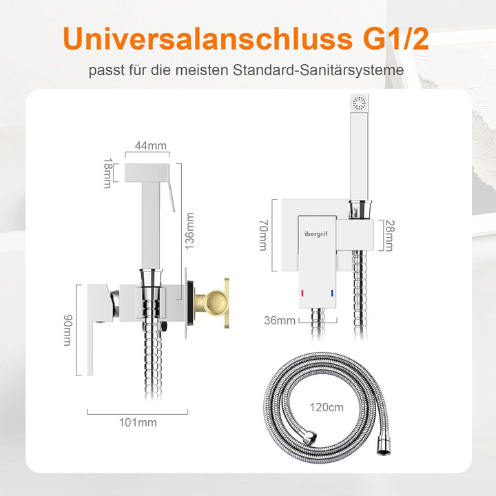 Ibergrif M22009 Unterputz-Einhebelmischer für WC & Bidet – Warm-/Kaltwasser, Handbrause mit Wandhalt
