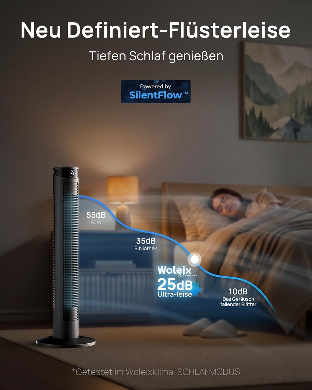 Ventilator sehr leise 25dB, Turmventilator sehr leise mit Fernbedienung, Standventilator sehr leise