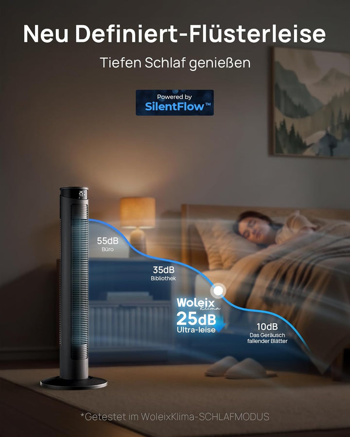 Ventilator sehr leise 25dB, Turmventilator sehr leise mit Fernbedienung, Standventilator sehr leise