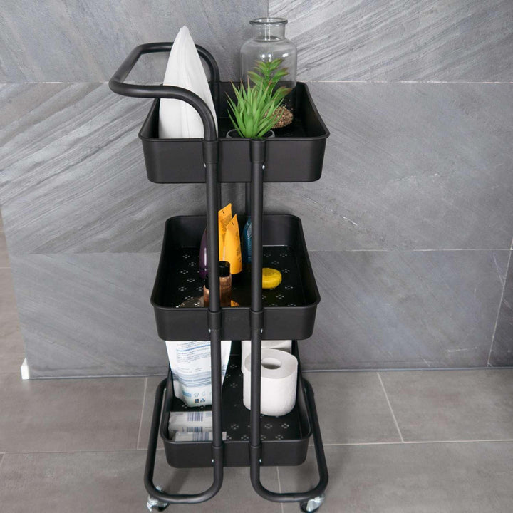 INTIRILIFE Rollwagen mit 3 Ebenen in Schwarz - 42 x 37 x 85.5 cm - Servierwagen mit Griff Aufbewahru