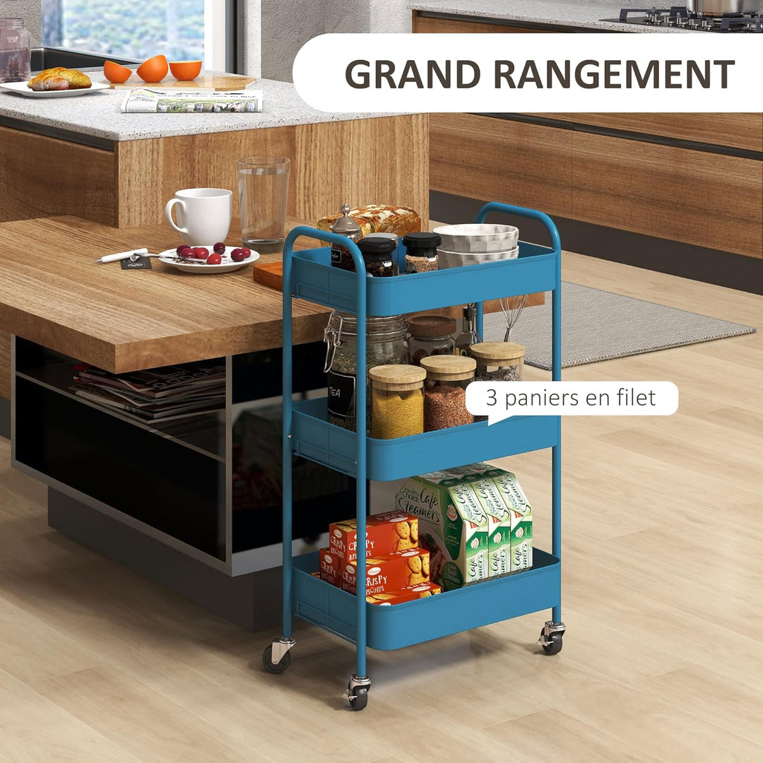 HOMCOM Servierwagen aus Stahl, Servierwagen mit Rollen, 3 Ebenen, perforierte Tabletts – 45 x 30,6 x