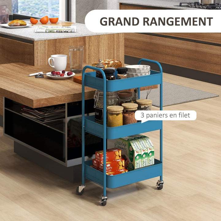 HOMCOM Servierwagen aus Stahl, Servierwagen mit Rollen, 3 Ebenen, perforierte Tabletts – 45 x 30,6 x