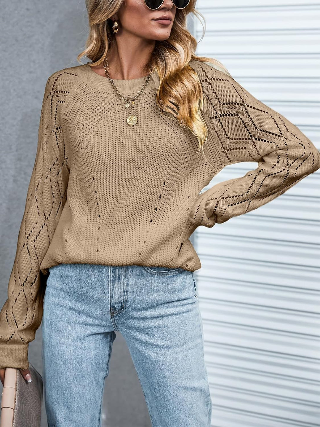 CUPSHE Damen Strickpullover Rundhals Langarm Wellenmuster Rippenstrick Pulli Herbst Winter Oberteile