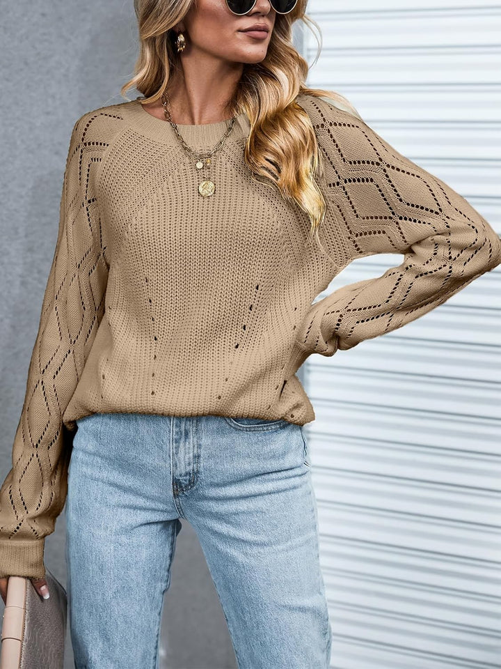CUPSHE Damen Strickpullover Rundhals Langarm Wellenmuster Rippenstrick Pulli Herbst Winter Oberteile