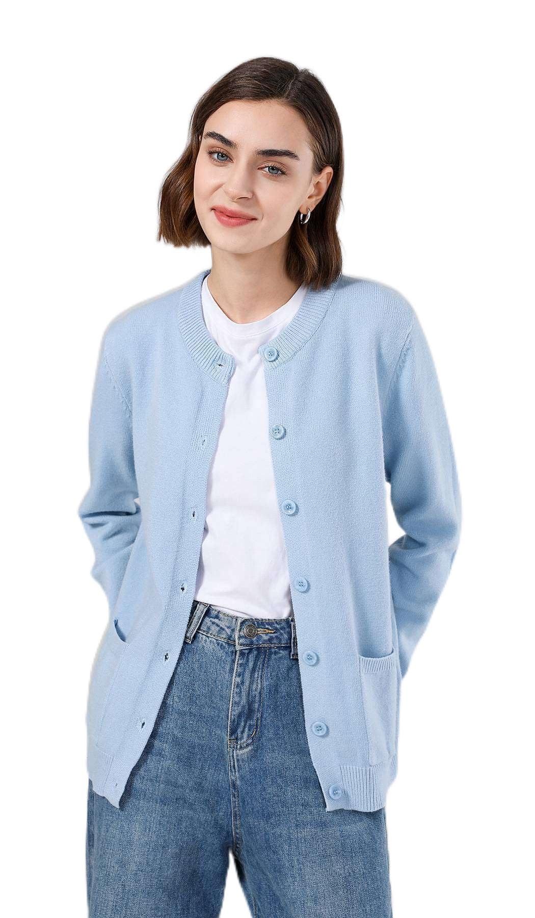 SMILING PINKER Damen Strickjacke Langarm Cardigan Warm Rundhals Strickweste Jacke mit Knopfleiste un