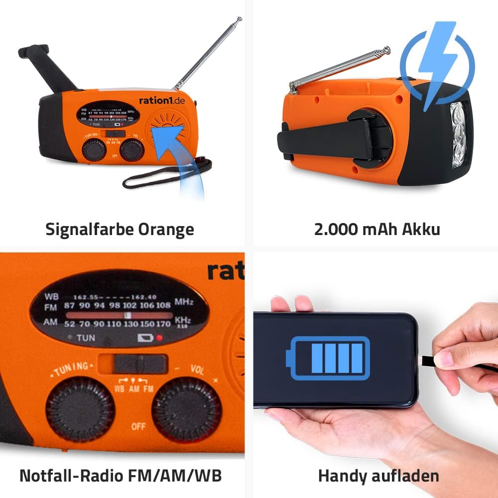 Kurbelradio, Solarradio mit Kurbel, Notfallradio mit integrierter LED-Taschenlampe, USB Anschluss, H