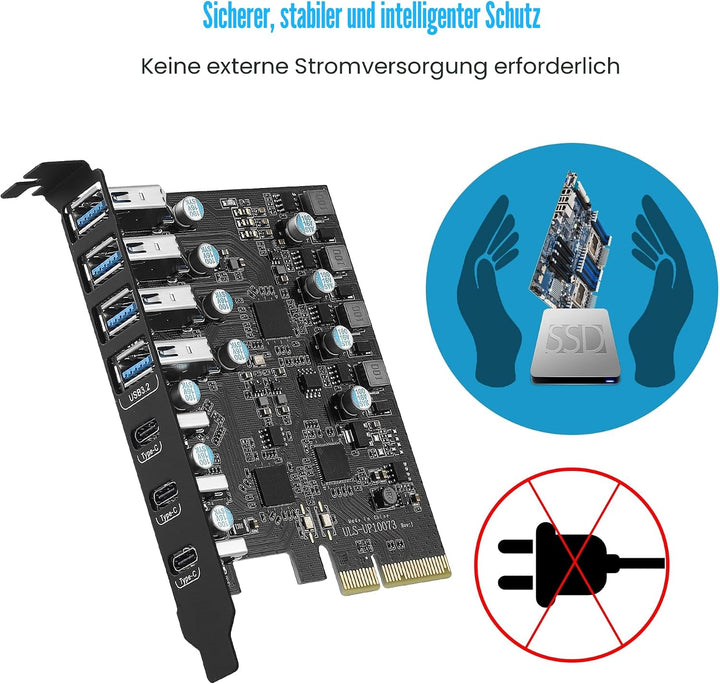 USB 3.2 Karte 7 Ports(4A + 3C), FARBOKO PCIe USB 3.2 Gen 2 10Gbps Interner USB HUB for Windows 10/8/