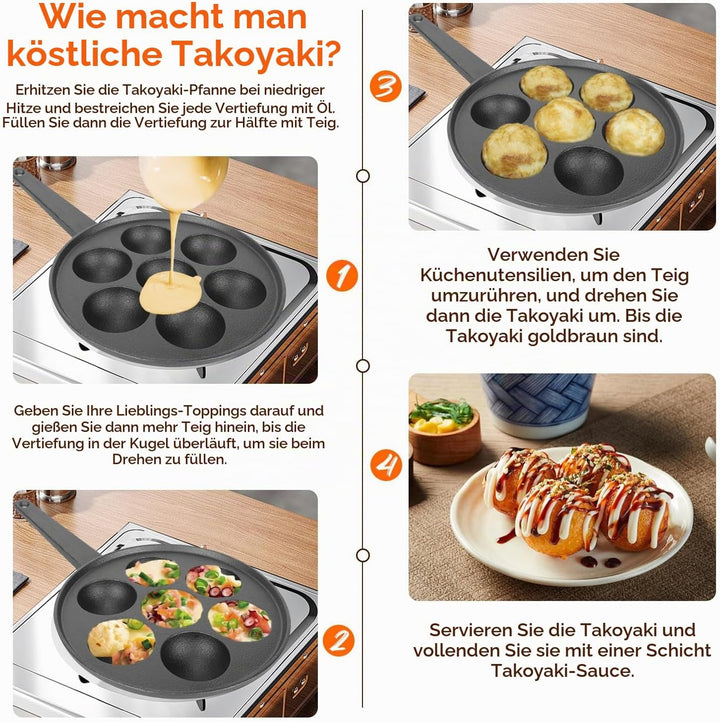 Tissting Takoyaki Pfanne Grillpfanne 7 Löcher 5,5cm Loch Antihaft Gusseisen Oktopus Pan mit Griff, P