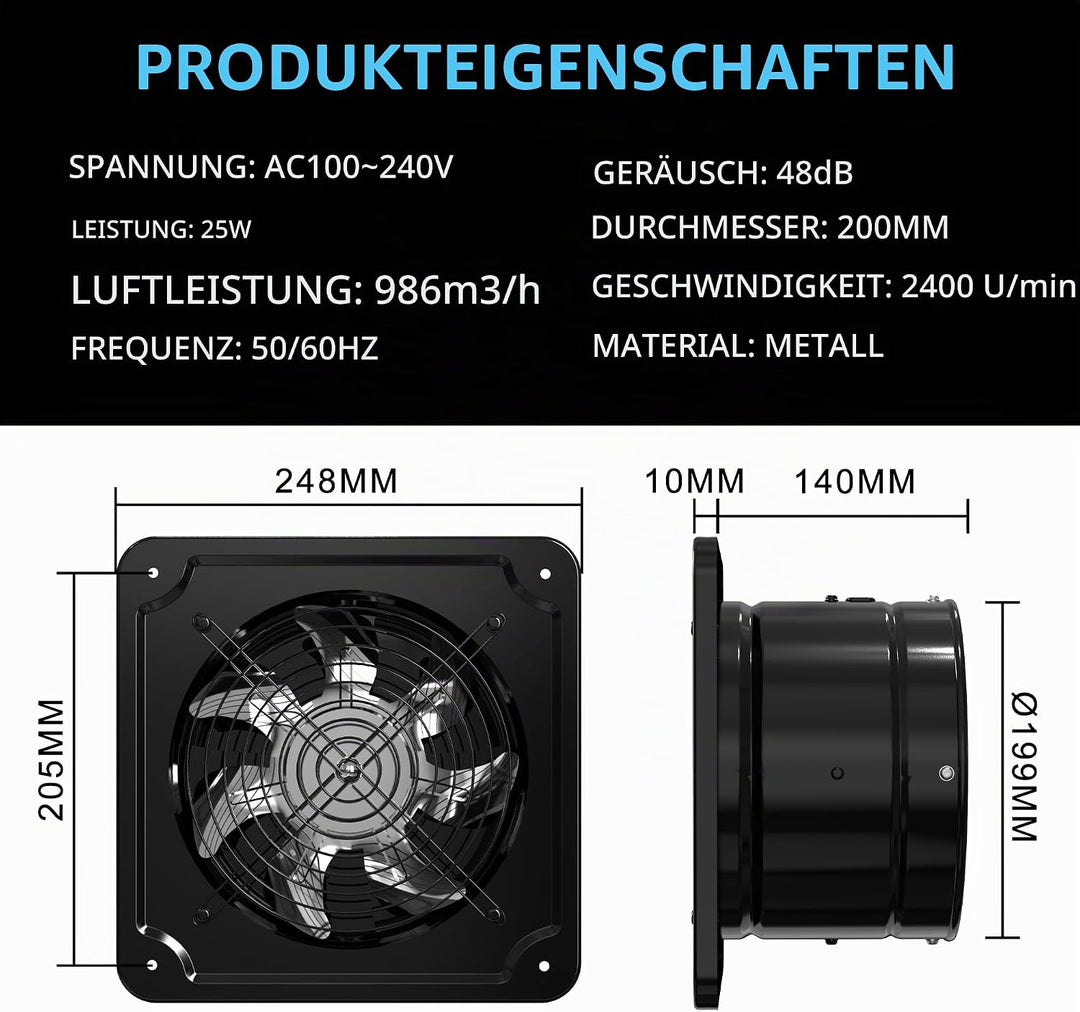 Abluftventilator 200mm 986m³/h Leiser Badlüfter mit Regler Schwarz | mit Rücklaufklappe Leistungssta