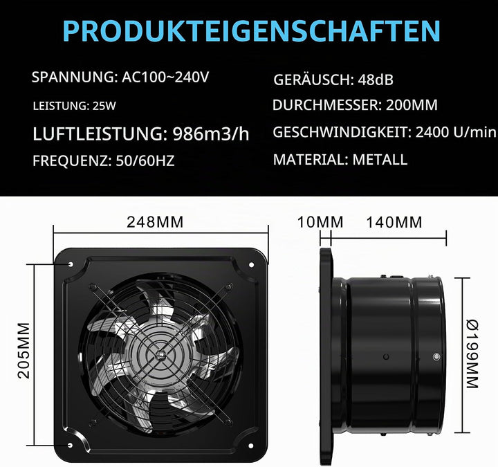 Abluftventilator 200mm 986m³/h Leiser Badlüfter mit Regler Schwarz | mit Rücklaufklappe Leistungssta