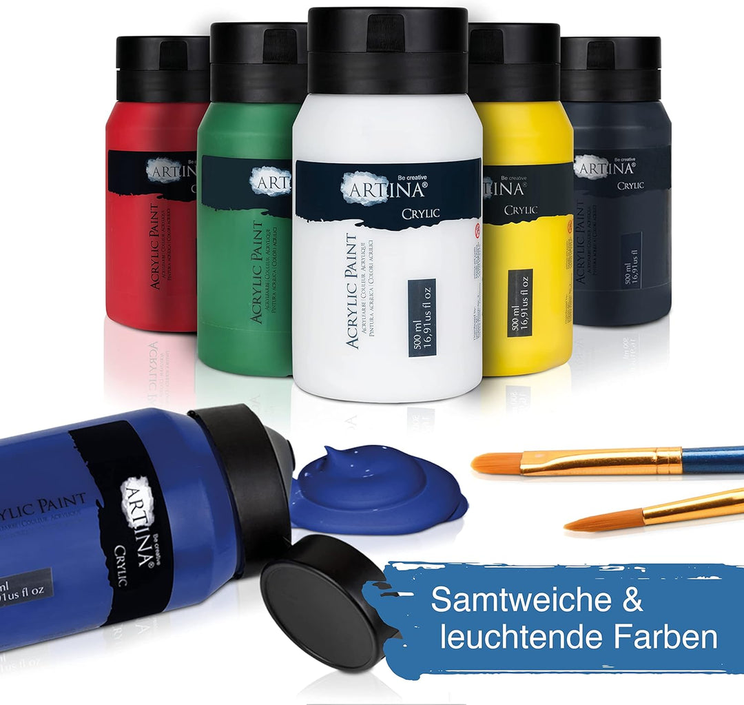 Artina 6er Acrylfarben Set 500ml – Deckende Malfarbe Schnelltrocknende Farbe zum Malen 6x500ml Profi