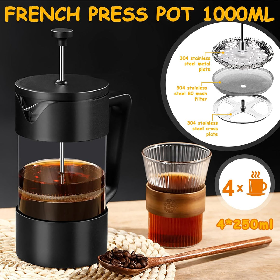 French Press Kaffeebereiter,1000 ml-Glas Kaffeepresse,aus Edelstahlfilter und Hitzebeständiges Glas,