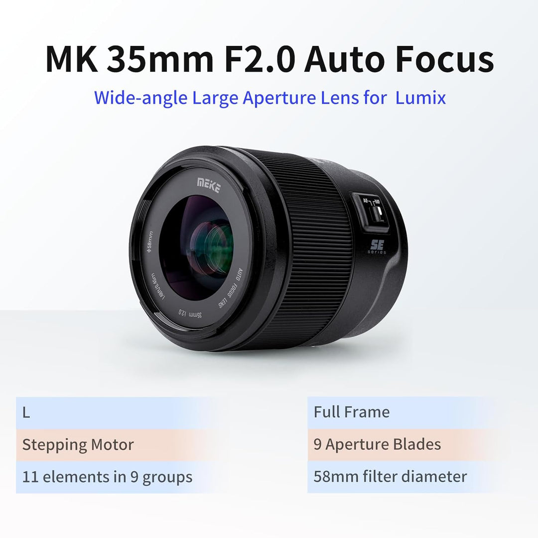 Meike 35 mm F2.0 Vollformat-Weitwinkel-AF-STM Autofokus, Feste Prime-Portrait-Objektive für Panasoni