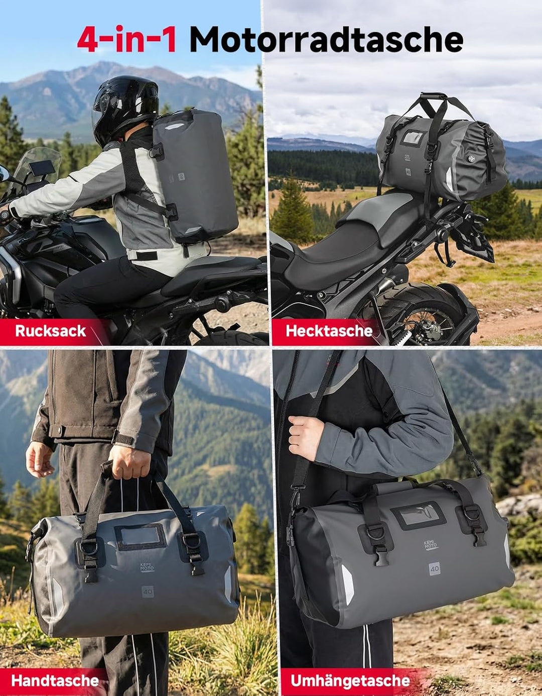 KEMIMOTO Motorrad Hecktasche 40L, IPX6 wasserdichte Motorradtasche Gepäckrolle mit Schnellverschluss