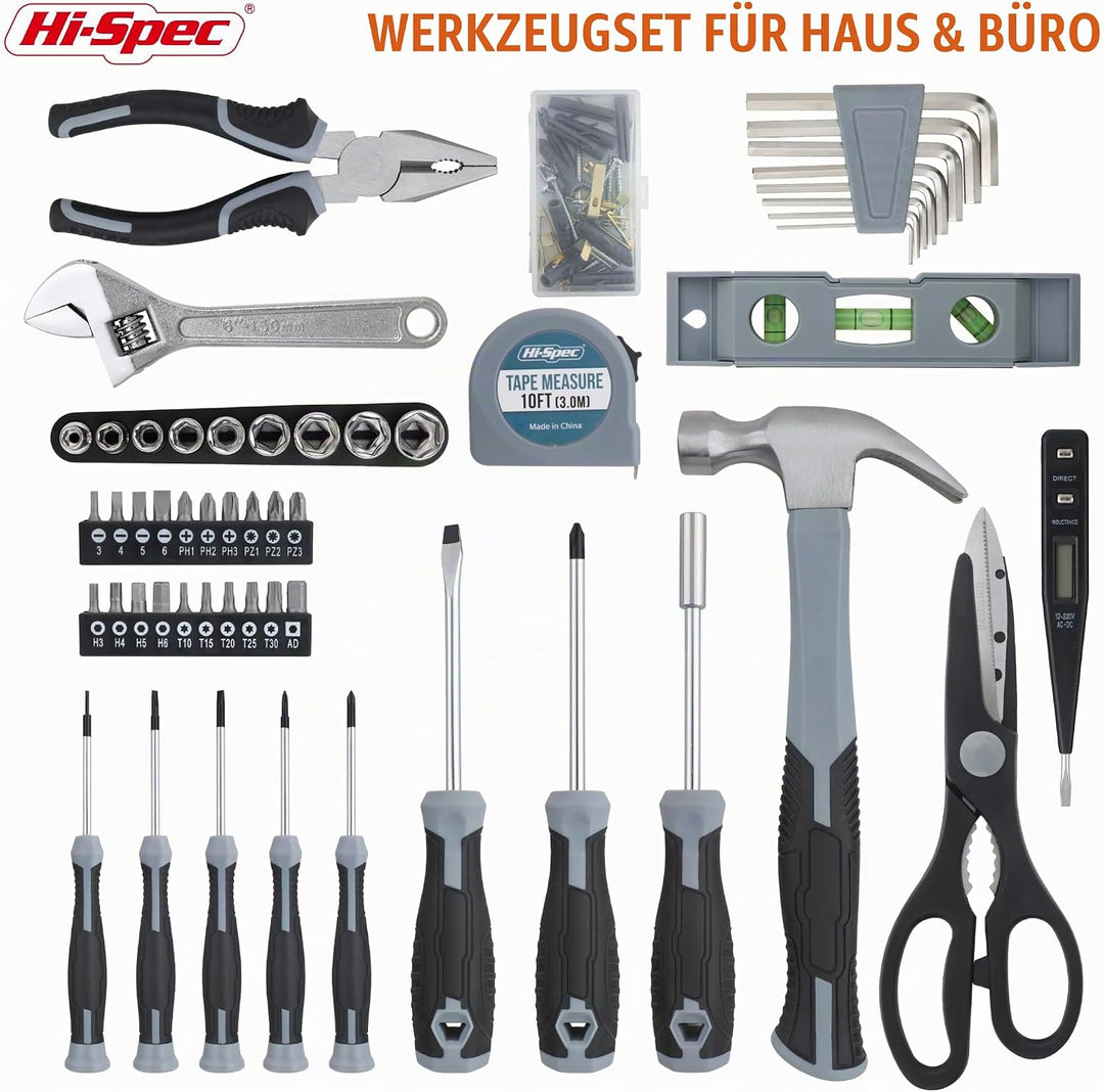 Hi-Spec 54-TLG. Werkzeugkasten-Set in Grau, gefüllt mit Werkzeugen für Haushalt und Garage. Werkzeug