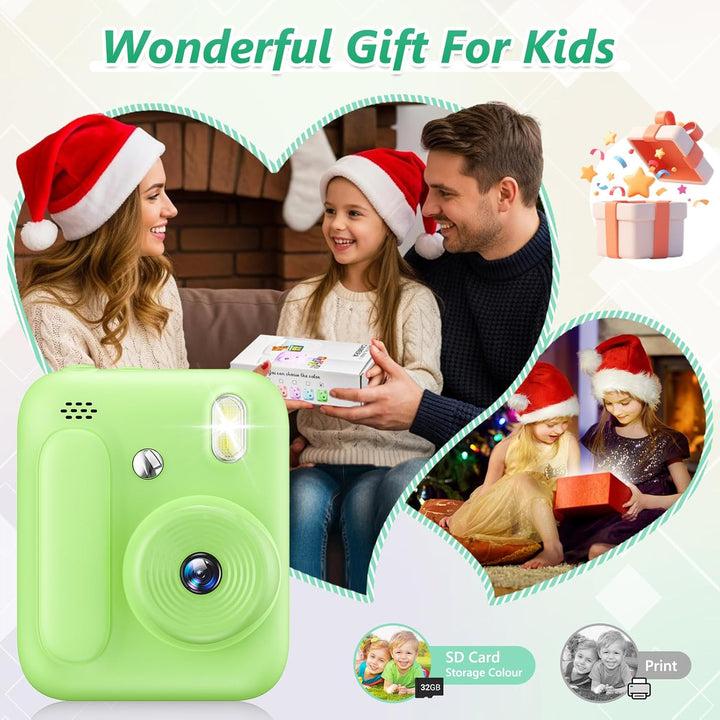 Sofortbildkamera für Kinder,1080P Kinderkamera mit 5 Rollen Druckpapier,32GB-Karte und Farbstiften,