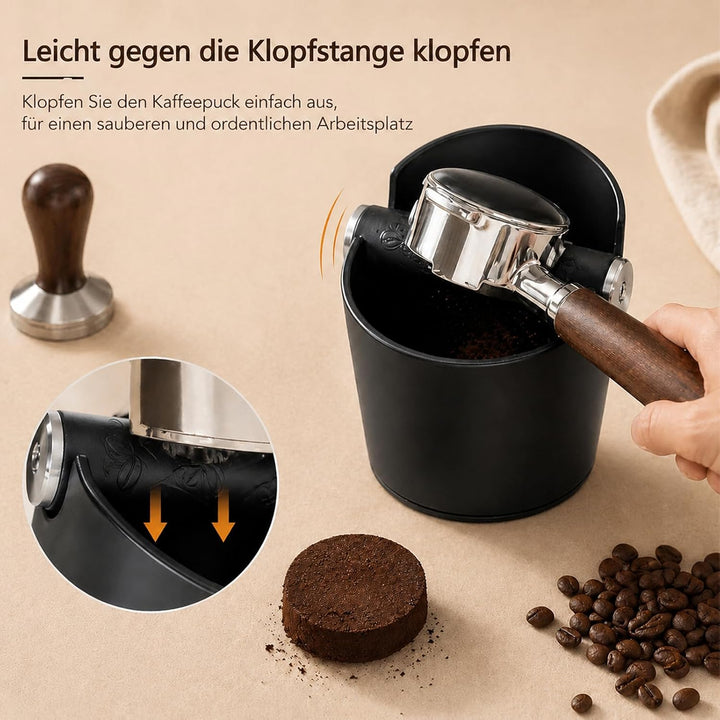 Klopfbehälter mit Barista-Bürste, Kaffeesatz-Auffangbehälter für Siebträger, stossdämpfendes Design,