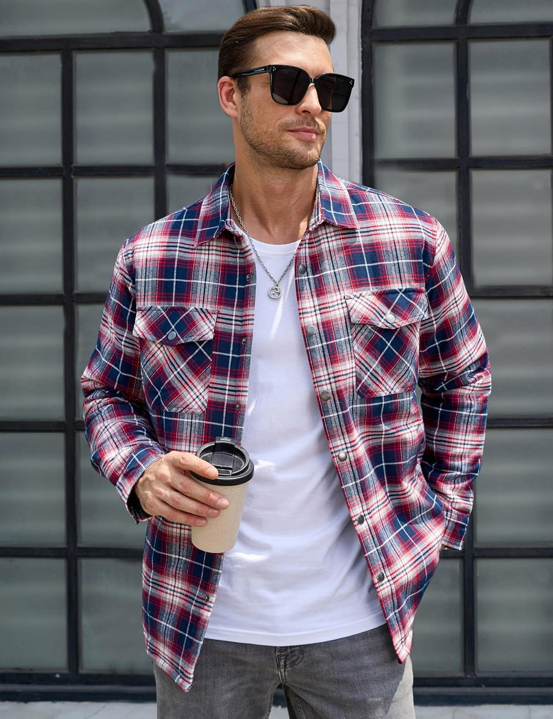 TACVASEN Herren Karierte Hemdjacke Flanellhemd Holzfällerhemd Thermohemd Jacke XXL Rot Weiss, XXL Ro