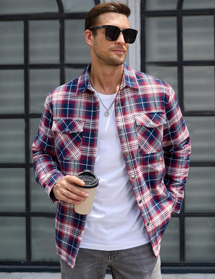 TACVASEN Herren Karierte Hemdjacke Flanellhemd Holzfällerhemd Thermohemd Jacke XXL Rot Weiss, XXL Ro