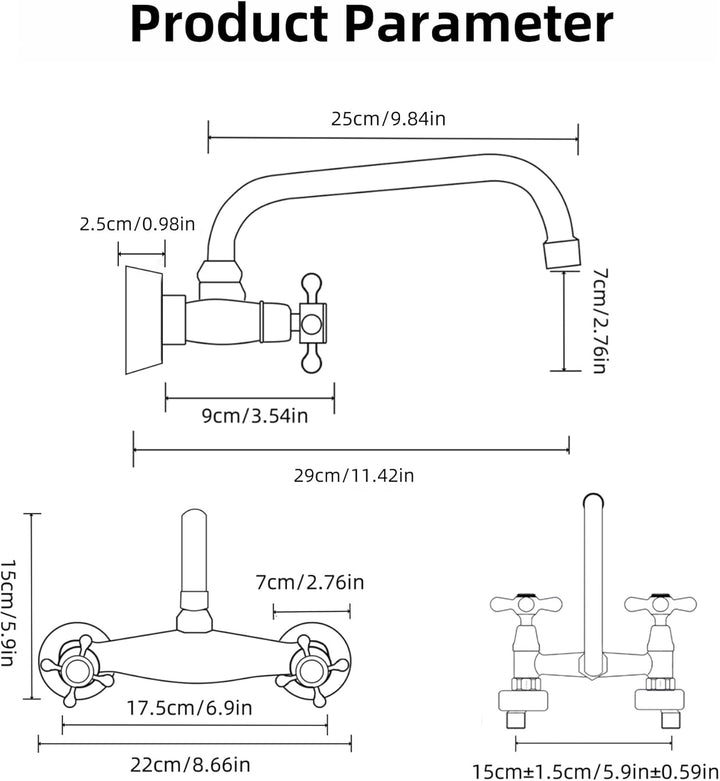 Küchenarmatur Wandmontage Messing Antik, Vintage Doppelgriff Wasserhahn Küche Wandbehang Bronze, 360