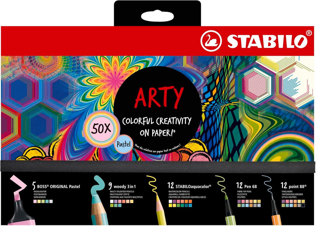 Stifte-Set - STABILO ARTY Creative Set Pastel - 50er Pack - Textmarker, Multitalentstifte, Aquarell-